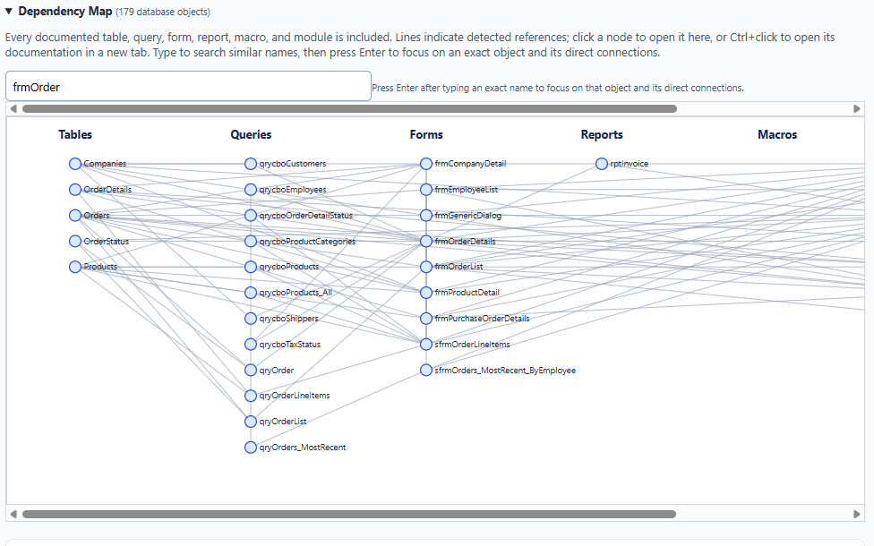 Follow important dependencies in the AccessInsighter Northwind demonstration