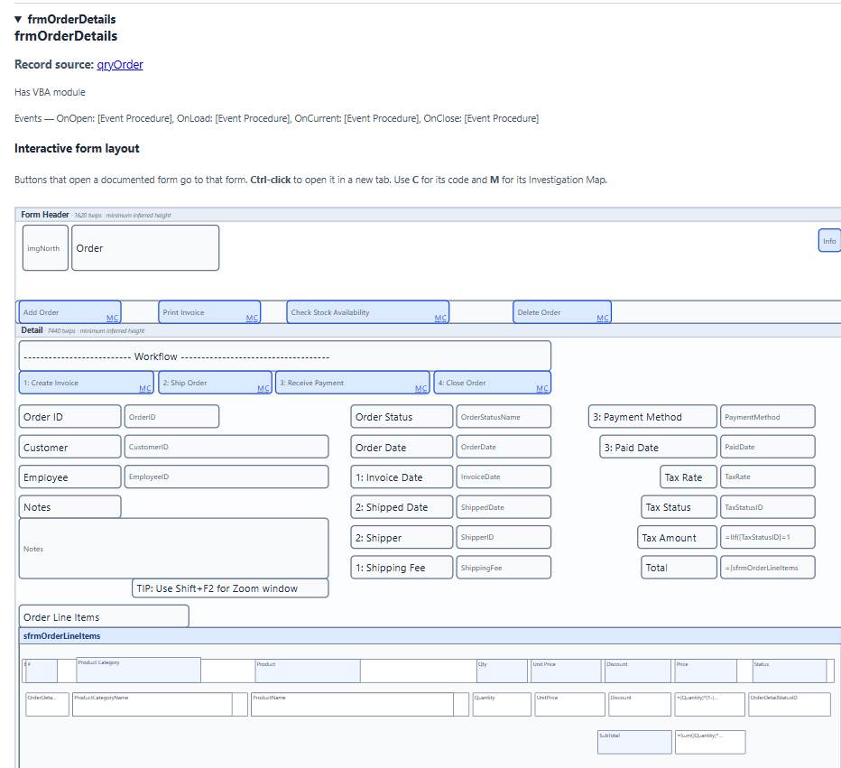 Understand a form’s working surface in the AccessInsighter Northwind demonstration
